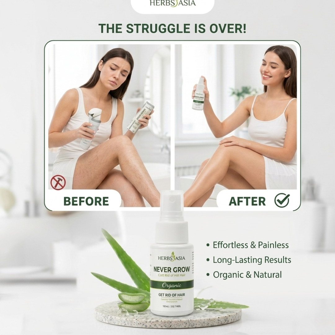 Herbs Asia Never Grow Hair Delay Serum | Natural Hair Growth Inhibitor for Smooth, Hair-Free Skin | Buy 1 Get 1 Free