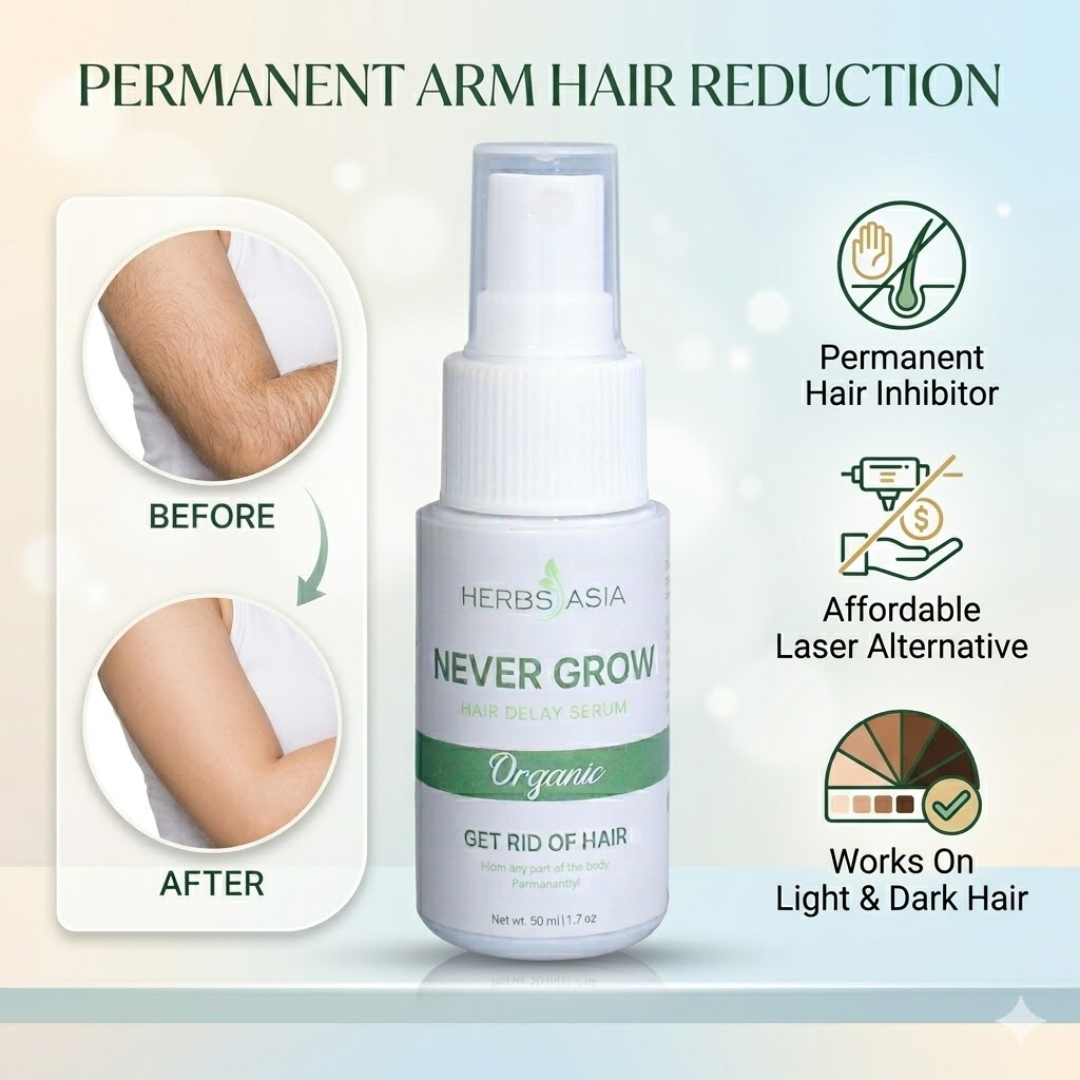 Herbs Asia Never Grow Hair Delay Serum | Natural Hair Growth Inhibitor for Smooth, Hair-Free Skin | Buy 1 Get 1 Free