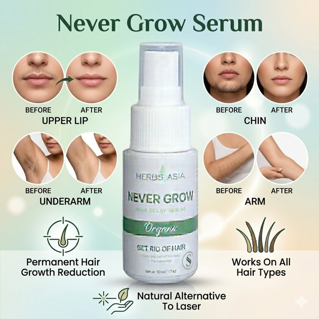 Herbs Asia Never Grow Hair Delay Serum | Natural Hair Growth Inhibitor for Smooth, Hair-Free Skin | Buy 1 Get 1 Free