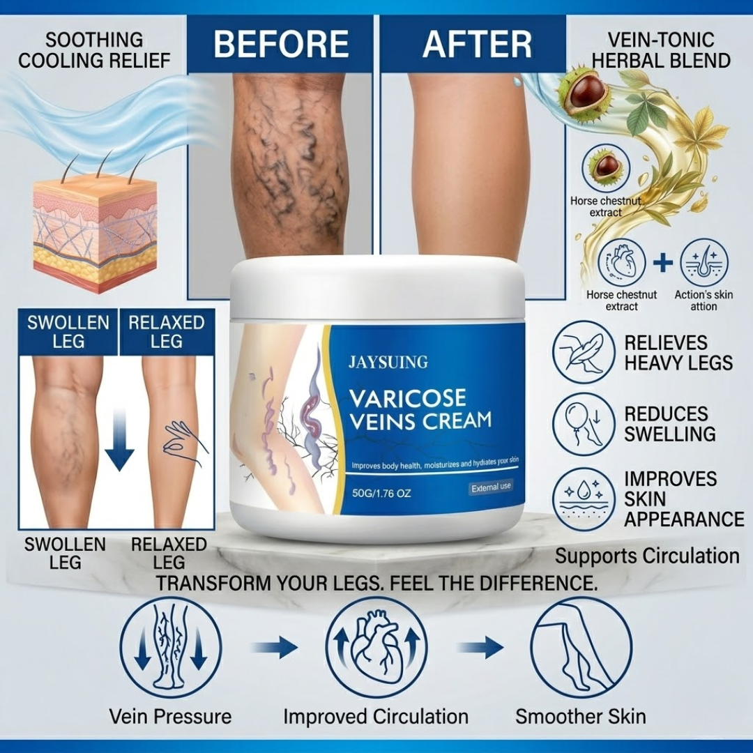 JAYSUING Varicose Veins Relief Cream – Horse Chestnut Extract + Herbal Vein-Tonic Blend – 50% OFF – Reduces Swelling & Fatigue, Improves Circulation, Tightens & Firms Skin