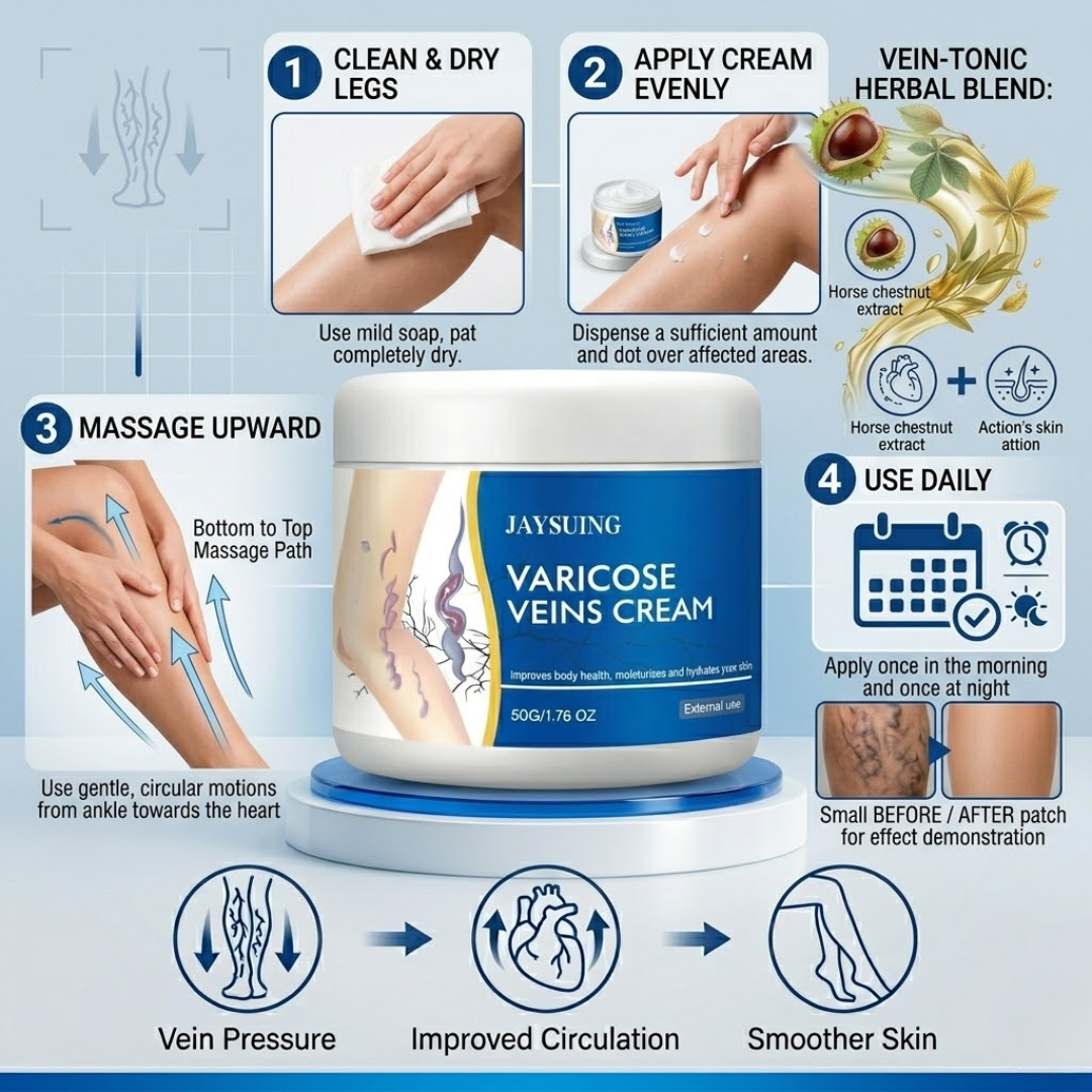 JAYSUING Varicose Veins Relief Cream – Horse Chestnut Extract + Herbal Vein-Tonic Blend – 50% OFF – Reduces Swelling & Fatigue, Improves Circulation, Tightens & Firms Skin