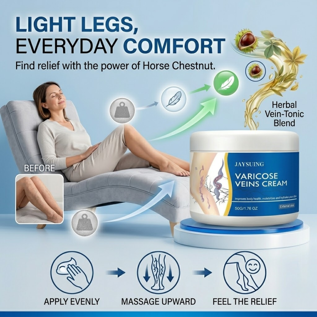 JAYSUING Varicose Veins Relief Cream – Horse Chestnut Extract + Herbal Vein-Tonic Blend – 50% OFF – Reduces Swelling & Fatigue, Improves Circulation, Tightens & Firms Skin