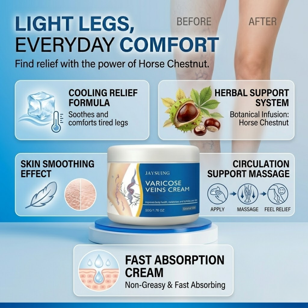 JAYSUING Varicose Veins Relief Cream – Horse Chestnut Extract + Herbal Vein-Tonic Blend – 50% OFF – Reduces Swelling & Fatigue, Improves Circulation, Tightens & Firms Skin